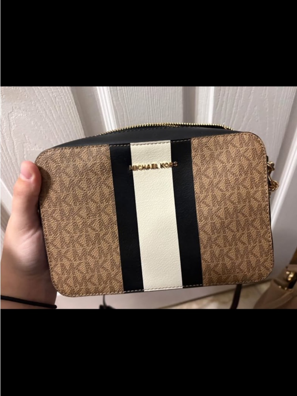 Michael Kors Brown Logo Messenger with Black and Cream Center Stripe